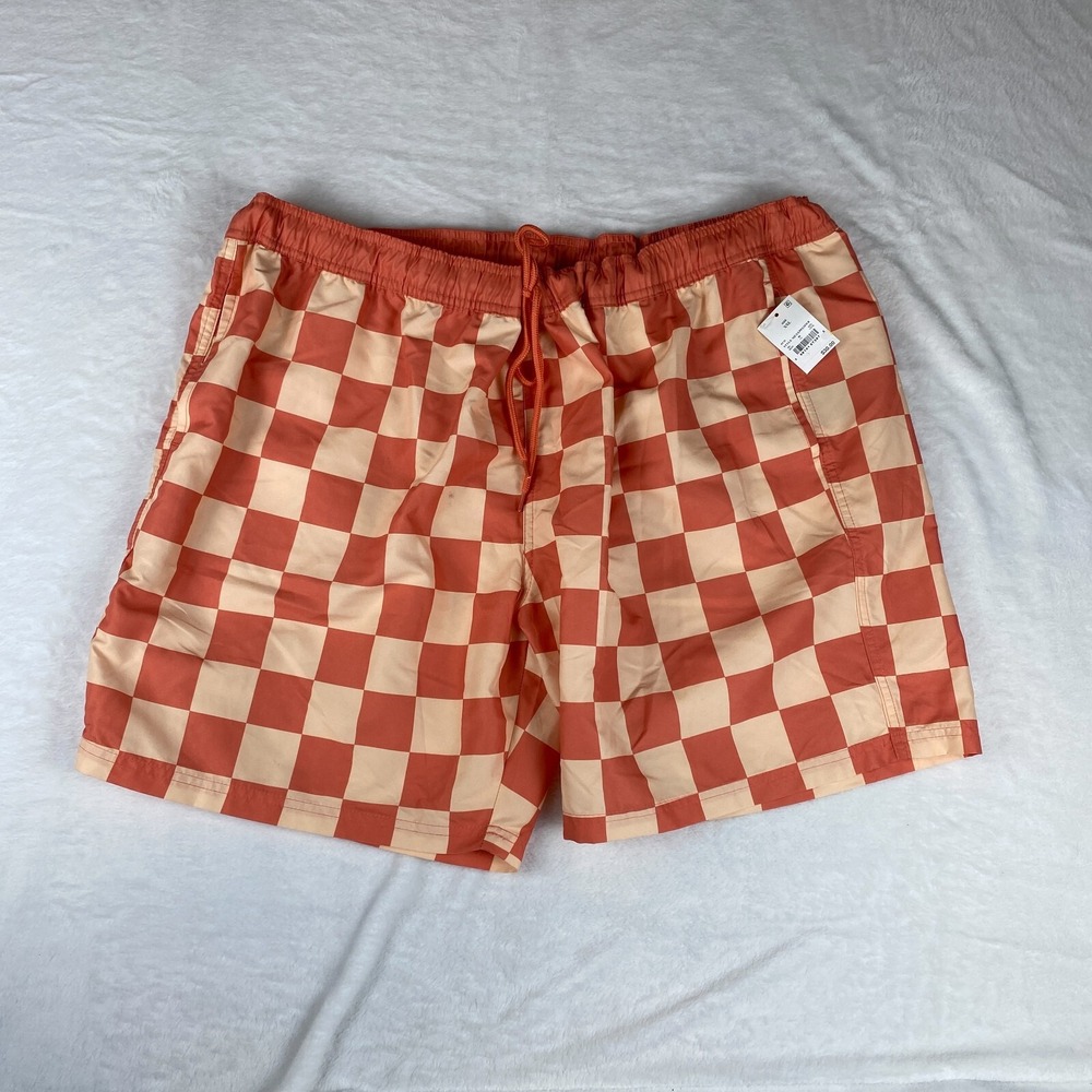 Mad Engine Swim‎ Shorts Mens 2XL Coral Orange Checked Mesh Liner Elastic Waist